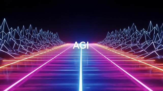 Neon Lit AGI on Futuristic Road with Glowing Lines and Geometric Mountains