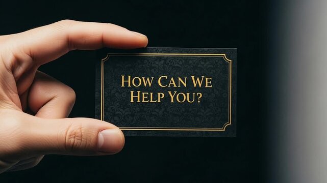 Hand Holding Business Card with Gold Lettering on Black Background