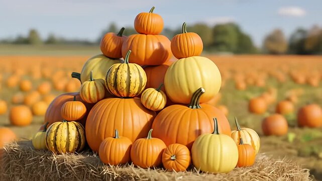 A large pile of pumpkins and gourds on a hay bale in a pumpkin patch.