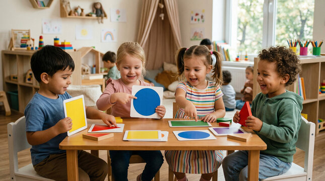 Students learning with flashcards while sitting at classroom table in bright preschool - concept of early childhood development