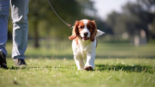 Energetic Springer Spaniel Puppy Trots on Grass with Owner Walking Keywords: dog, puppy, Springer