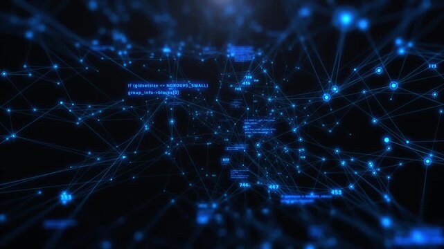 Technology digital telemetry data with 3D wireframe fly through in blue cyberspace 4K video 
