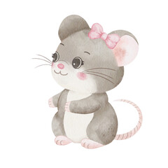 Watercolor cute little mouse with pink bow, profile view. Hand-drawn animal illustration friendly character, looking sideways. For children's book, nursery decor, kids room wall art, storybook.