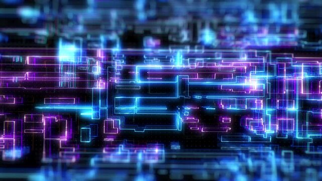 Technology digital glow line hologram big data horizontal view concept. HUD UI system, ai construction platform 4K motion background