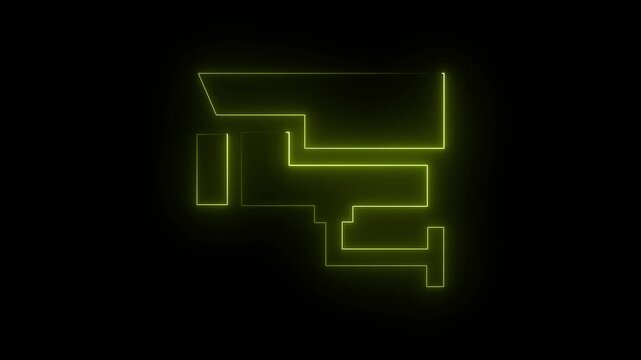 Abstract neon yellow color outline of a security camera against a black background cc tv surveillance. 4k animation video.