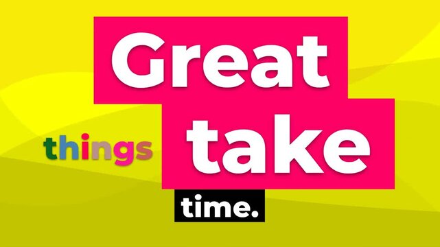 Great things take time gym motivation quote on a vibrant yellow background Ideal for lifestyle and fitness