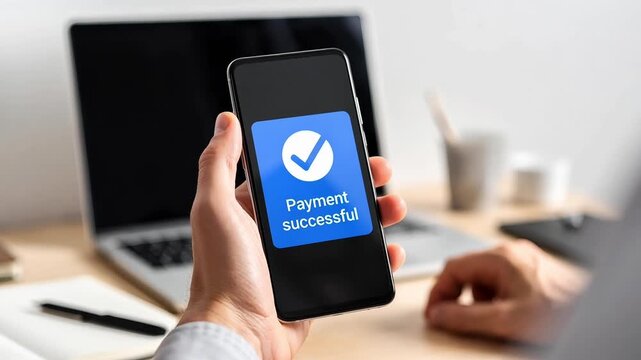 Successful online payment on smartphone with checkmark and confirmation message in office setting with laptop