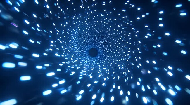 Abstract tunnel of blue light particles receding into a dark void