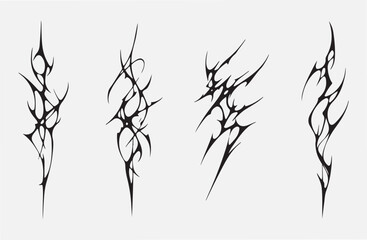 Set of dark cybersigilism and neo-tribal vector illustrations, sharp spiky abstract icons for modern gothic tattoo designs., A set of striking cybersigilism abstract shapes. These black neo-tribal. © Candra Fiction