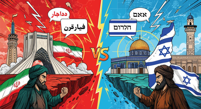 Concept illustration of israel versus iran conflict. two men representing nations on opposite sides. political tension.