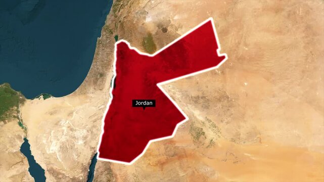 Jordan map highlight animation video, Middle East country location with red region overlay, geographic infographic on satellite map background