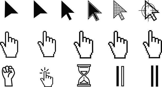 Large collection of black and white computer mouse cursor icons and hand pointers including arrows pixel art styles loading hourglass and click buttons.