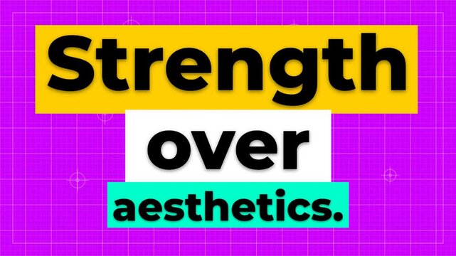 Dynamic text animation displays a bold gym motivation quote Strength over aesthetics Digital graphic