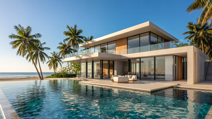 Modern Beachfront House With Infinity Pool And Palm Trees For Luxury Vacation And Real Estate Marketing