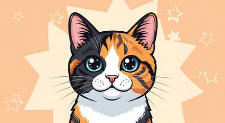 Obraz premium A colorful cartoon calico cat with big eyes and stars in the background