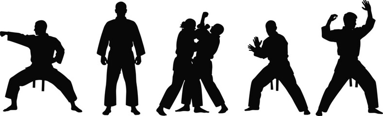 Martial arts silhouettes, karate poses, self-defense training, black belt practice, combat techniques, vector illustration, isolated © BlendCraft