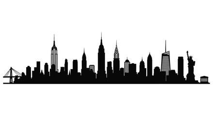 A striking black skyline showcases iconic new york city buildings and the statue of liberty silhouette high quality © Jahid