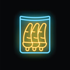 Fototapeta premium Glowing neon line pack full of seeds of a farm plant icon isolated on black background