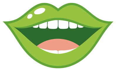 Obraz premium Expressive open mouth with shiny green lips and white teeth cartoon vector illustration