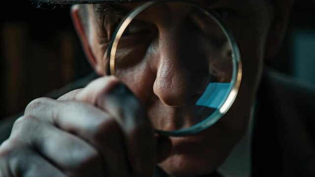 Old-fashioned detective looks closely at evidence through magnifying glass.