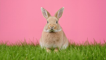 Fototapeta premium grass easter rabbit on a pink background 
