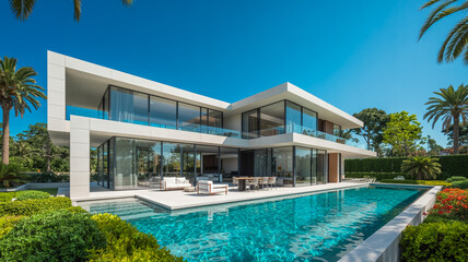 Fototapeta premium Modern Two-Story White House With Large Swimming Pool And Tropical Garden For Luxury Real Estate And Vacation Rental Marketing