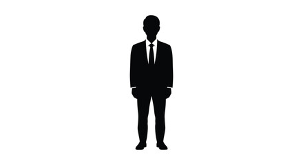 A stark black silhouette of a businessman in a suit and tie stands against a clean white background silhouette © Jahid