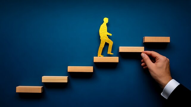 Businessman helping figure climb steps career growth concept
