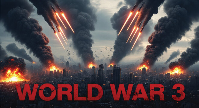 Devastating world war 3 scene with missiles striking a city causing massive explosions and dark smoke plumes