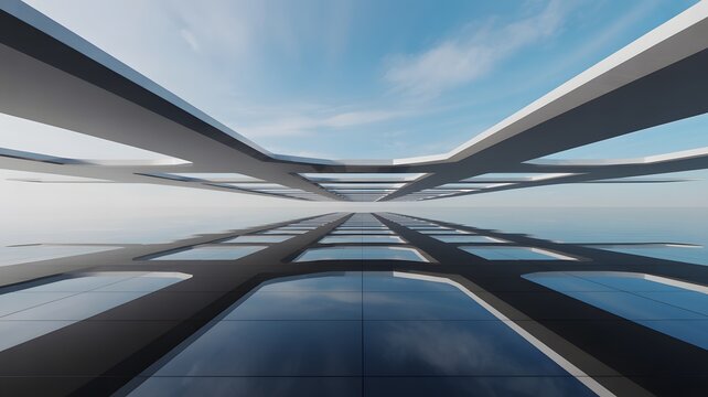 Abstract architectural structure with repeating geometric patterns extends toward the vast ocean horizon under a bright blue sky.