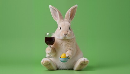 Fototapeta premium Easter bunny with a glass of wine on a green background. 