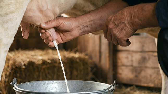 Milking Hands Holding Cow Teat.