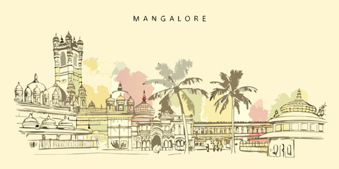 Mangalore cityscape illustration featuring iconic architecture and tropical foliage © Ratan