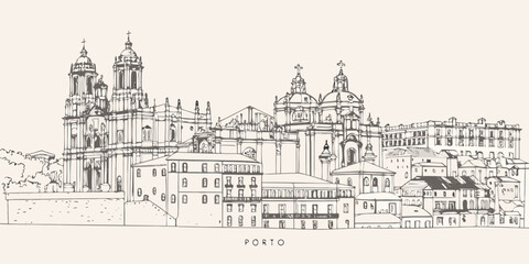 Detailed sketch of the Cl rigos Church and buildings in Porto Portugal © Ratan