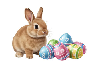 A brown rabbit surrounded by colorful easter eggs in a festive setting isolated on transparent background