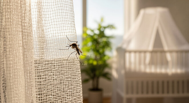 An insect on a nursery curtain causing a mosquito bite on baby's arm swollen bug bite risk, a graphic for pest control blogs.
