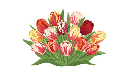 Obraz premium Beautiful arrangement of vibrant red yellow and white tulips with lush green foliage representing a fresh spring bouquet for special occasions.