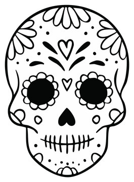 Traditional sugar skull art decoration with floral patterns and heart shapes