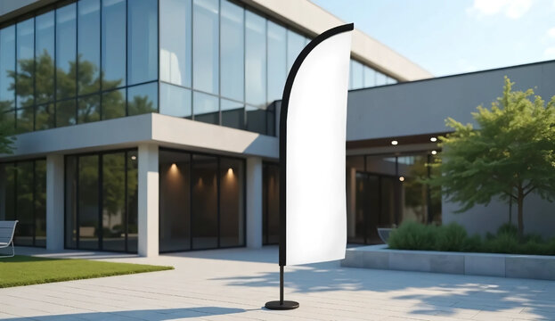 White mockup feather flag standing outside a modern business center.