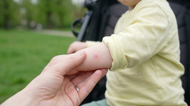 A parent examines a mosquito bite on baby's arm swollen bug bite outdoors, an image for pediatric healthcare articles.