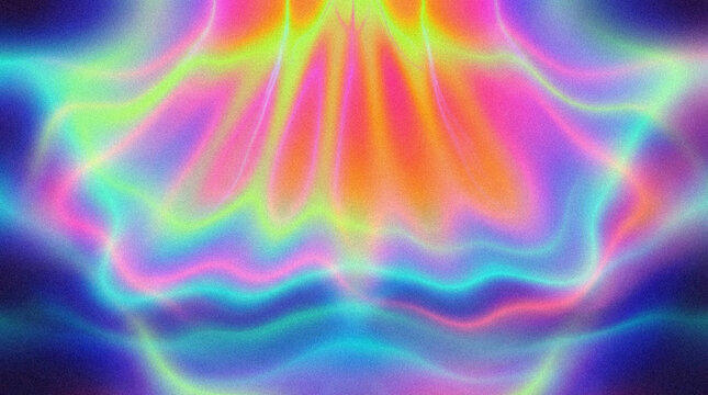 Radiant neon flower mandala with symmetrical glowing petals in orange-pink-yellow-green-blue-purple gradients. Conceptual vector illustration for trippy psychedelic symmetry and vibrant aura designs.