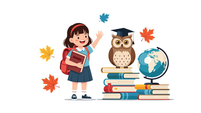 Little schoolgirl with a backpack and books standing next to a wise owl wearing a graduation cap on a stack of books for back to school.