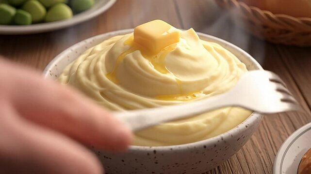 A bowl of creamy mashed potatoes with a pat of butter melting on top, ready to be served.