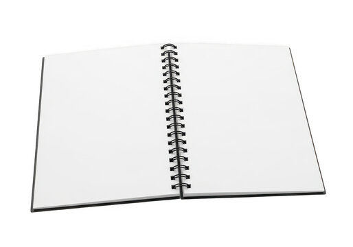 A spiral bound notebook with blank pages lying on a white surface isolated on transparent background