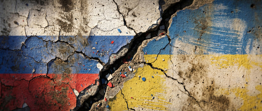 Cracked wall with russian and ukraine flags symbolizing conflict and division
