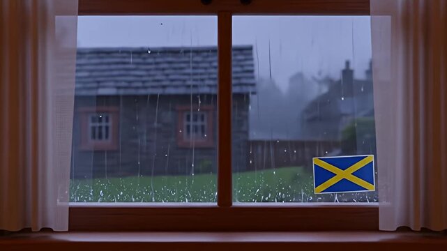 A view from a window on a rainy day, with a small Scottish flag sticker on the glass.