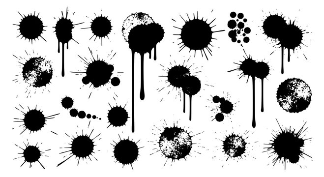 Ink splatters hand drawn set with dripping effects and textured circles on white background featuring paint blots,