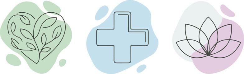 Obraz premium Holistic wellness line icons set with heart leaves