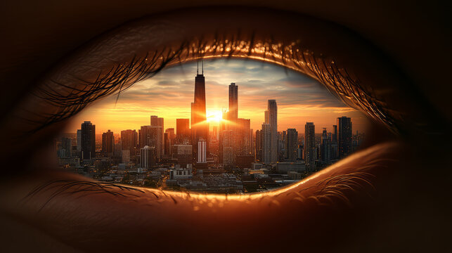 City skyline reflected in human eye, sunset light creates surreal, emotional atmosphere, symbolizing vision, hope, and urban dreams in high detail