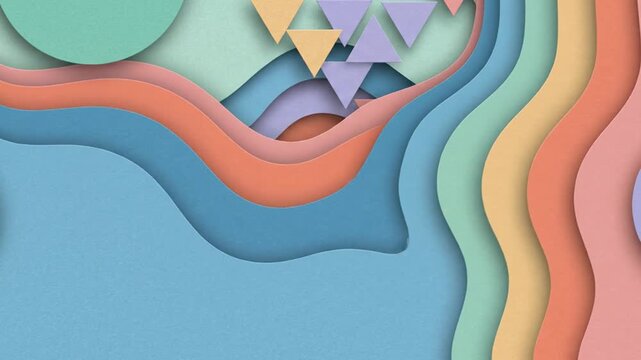 Colorful layered paper art background featuring abstract wave shapes and geometric forms for creative design projects